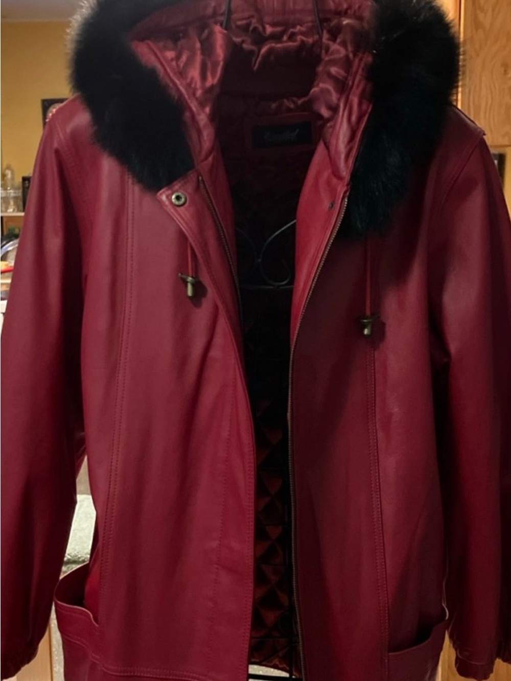 Women’s Burgundy Leather Hooded Jacket with Black Fur Trim